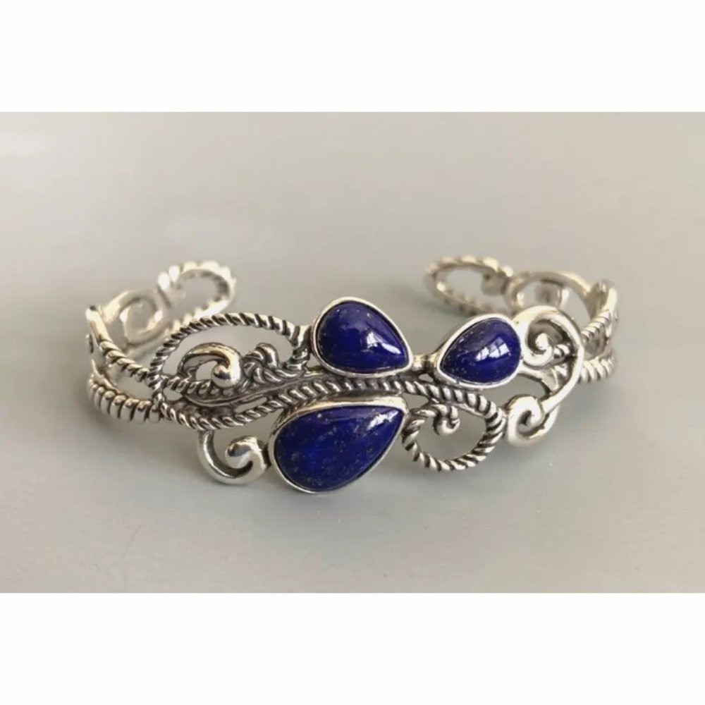 CAROLYN POLLACK Sterling Filigree Scroll Rope 3-Stone Blue Lapis L Cuff RARE
